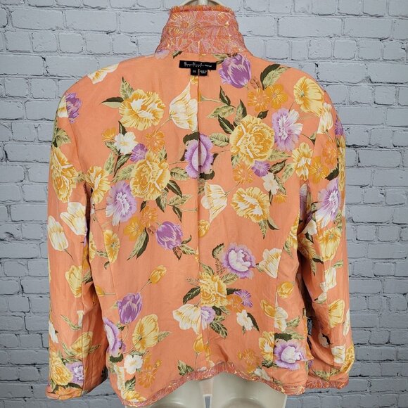 ECI New York Orange Floral 100% Silk Lined Rhinestone Snap Notch Jacket Size 14 - Picture 7 of 16